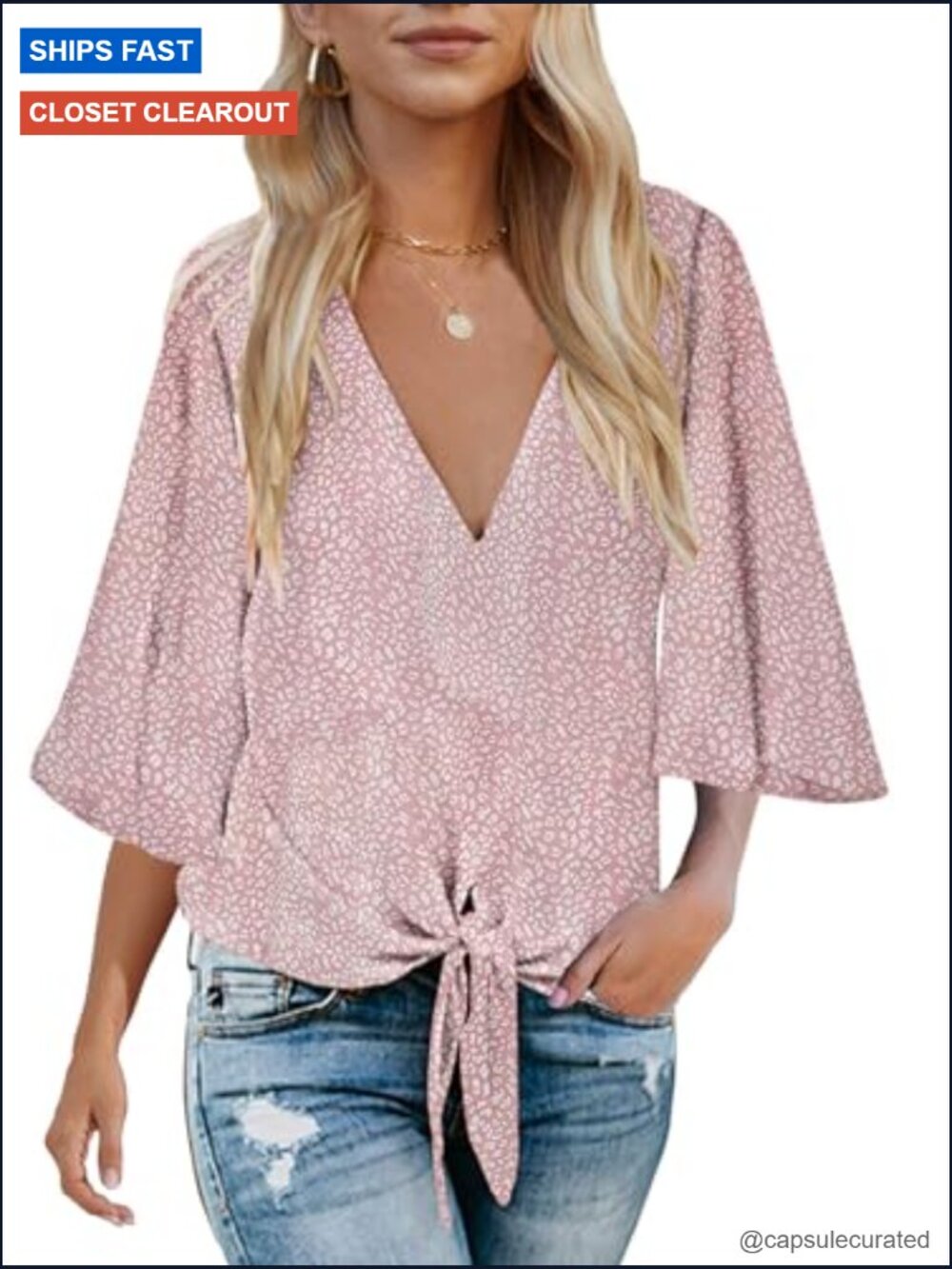 V Neck Tie Front Bell Sleeve Blouse Flowy Boho Summer Top - Picture 2 of 7